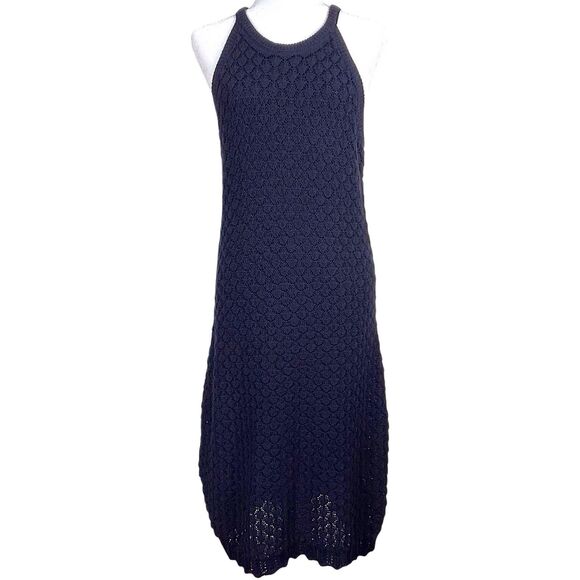 NWT Eliza J Crochet Halter Midi Dress Size XL Navy Blue Sleeveless Fitted Knit - Picture 5 of 16